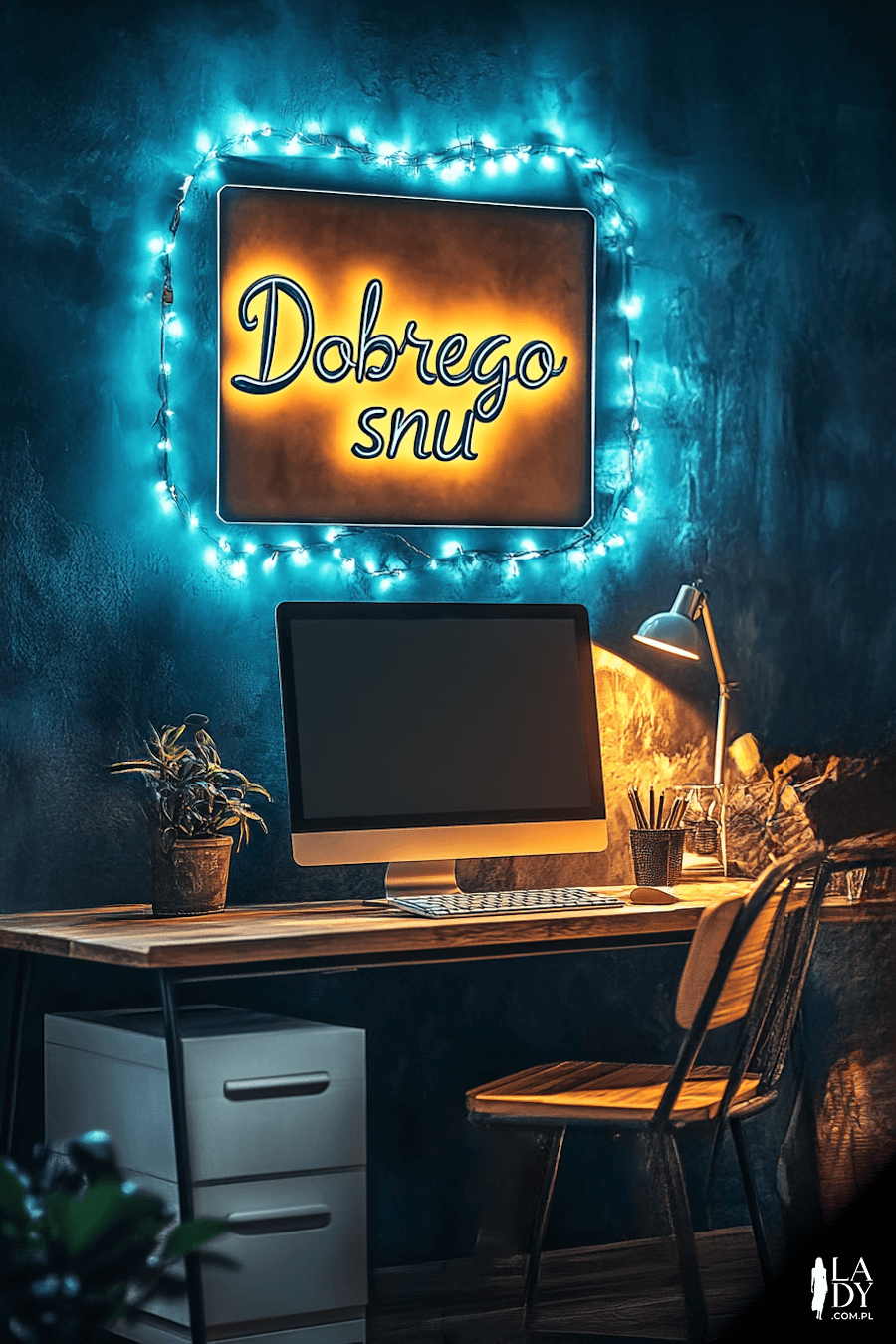 Kartka na dobranoc biurko z komputerem i tablicą podświetlaną z napisem: Dobrego snu