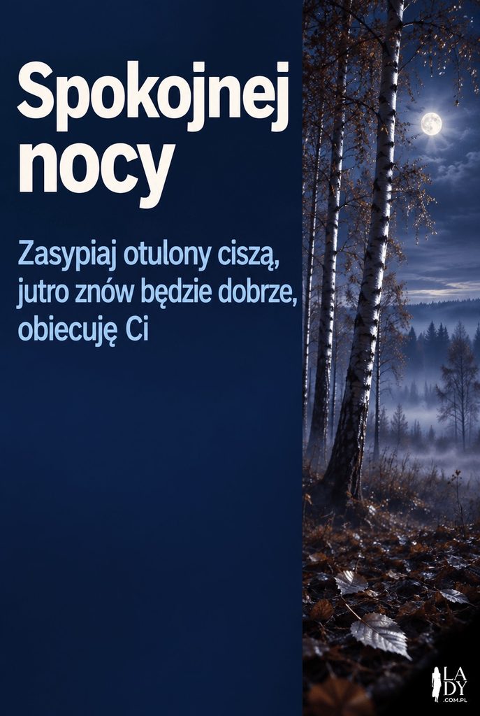 Fotograficzna kartka na dobranoc z brzozami we mgle i życzeniami spokojnej nocy