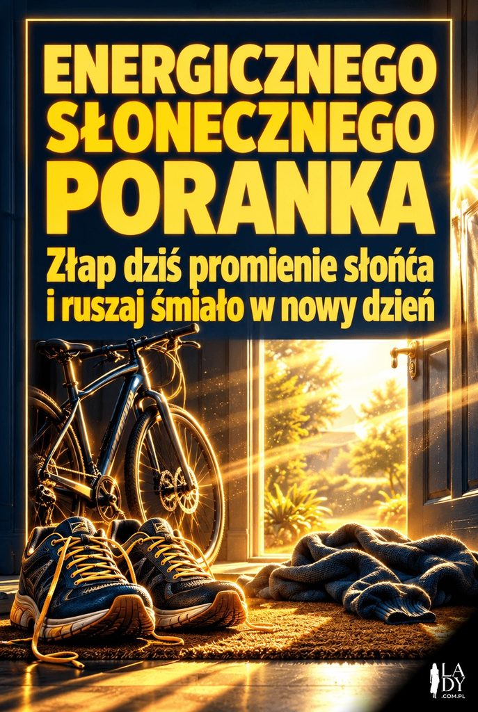Buty sportowe i rower w progu domu oświetlone porannymi promieniami słońca, z życzeniami „Energicznego Słonecznego Poranka”.