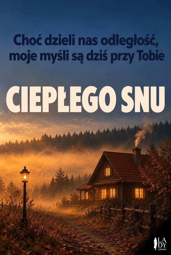 Kartka z chatką we mgle i światłem w oknach oraz życzeniem ciepłego snu