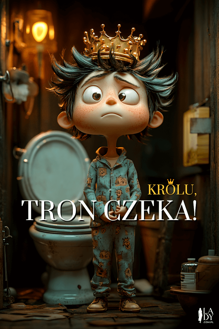 Chłopiec z grymasem na twarzy i koroną na głowie stojący w toalecie jako śmieszna kartka z napisami: Królu, tron czeka