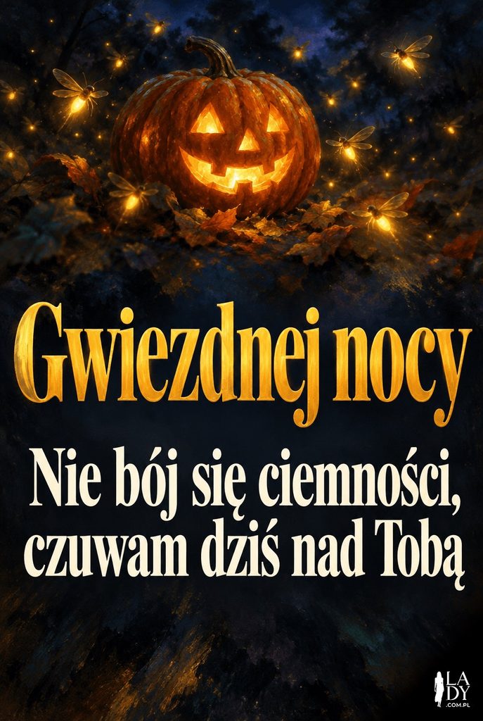 Kartka z dynią i świetlikami jako strażnikami snu oraz życzeniem gwiezdnej nocy