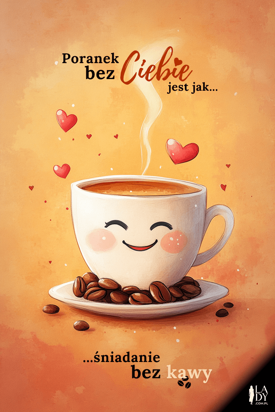 Wesoła kartka w postaci filiżanki porannej kawy z napisami: Poranek bez Ciebie jest jak śniadanie bez kawy