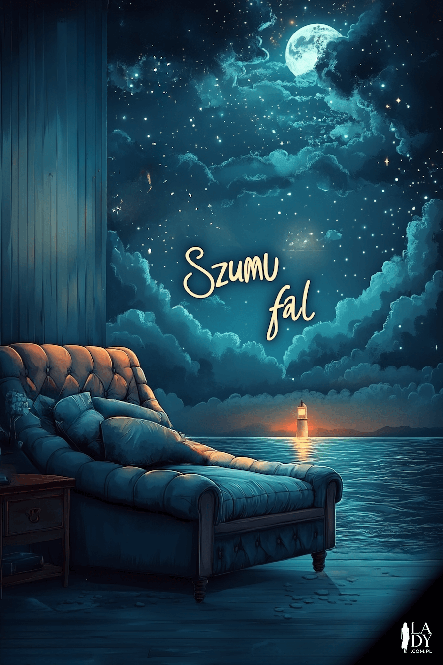 Kartka na wieczór wygodny fotel na tle księżycowego nieba i morza rozświetlonego przez latarnię z napisem: Szumu fal