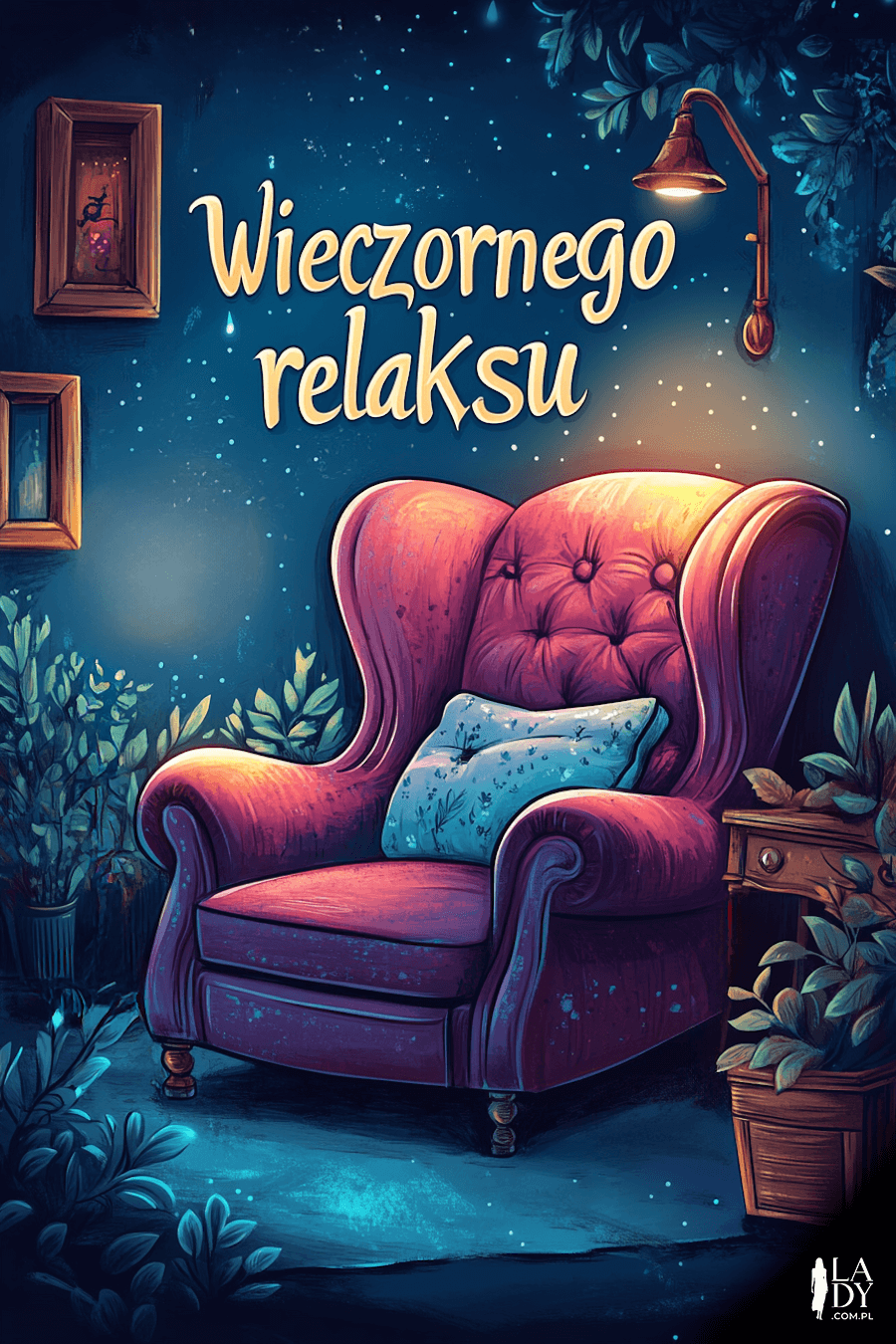 Fajna kartka na wieczór różowy fotel w pokoju z napisem: Wieczornego relaksu