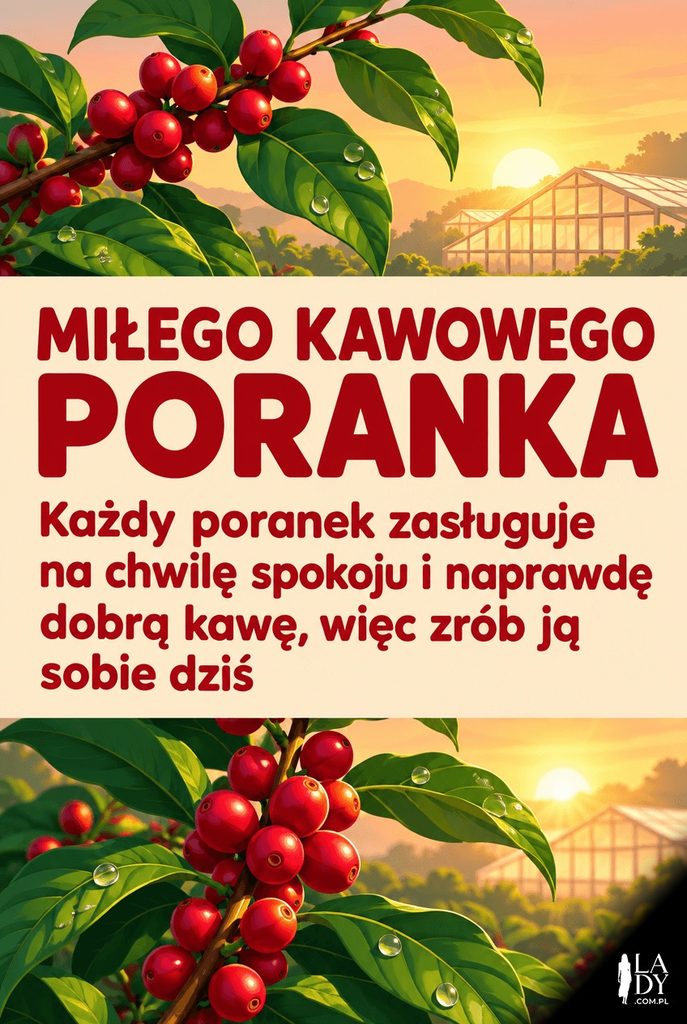 Ilustrowana gałązka kawowca z czerwonymi owocami na tle wschodzącego słońca i dłuższym porannym życzeniem.
