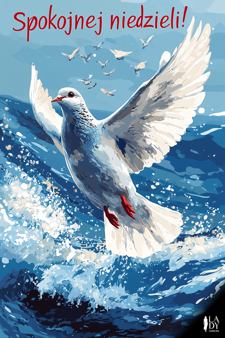 Gołąb nad morskimi falami, napis: spokojnej niedzieli