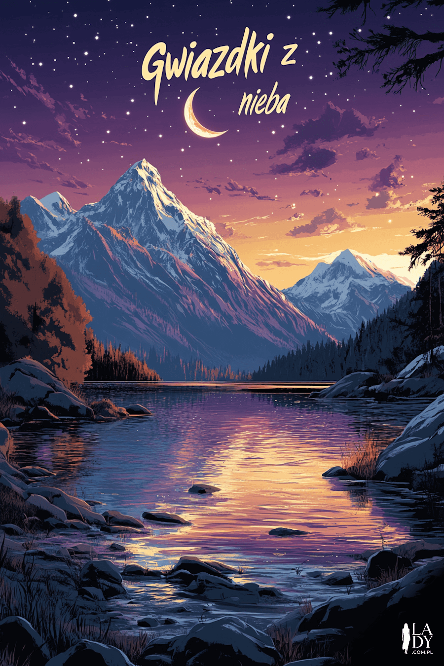 Cudowna kartka piękny górski krajobraz z napisem: gwiazdki z nieba
