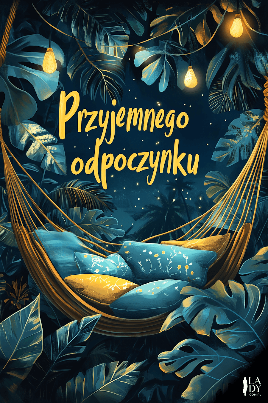 Kartka na wieczór wygodny hamak z poduszkami wiszący wśród kwiatów i żarówek z napisem: Przyjemnego odpoczynku