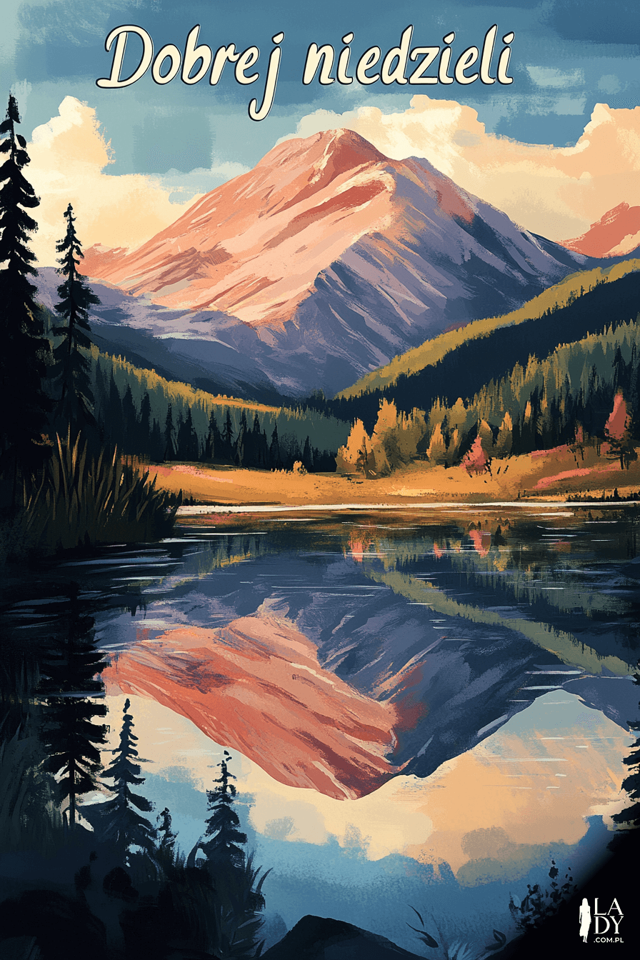 Jezioro i góry, napis: Dobrej niedzieli