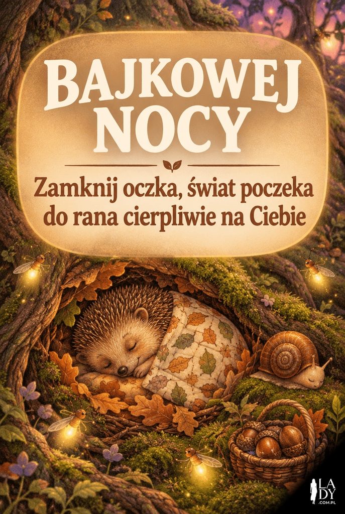 Baśniowa kartka z jeżykiem w gniazdku z liści i życzeniem bajkowej nocy