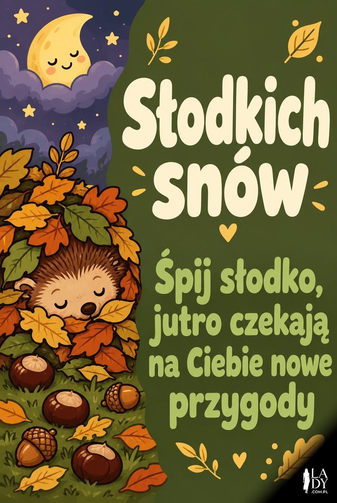 Kreskówkowa kartka ze śpiącym jeżykiem w liściach i życzeniem słodkich snów