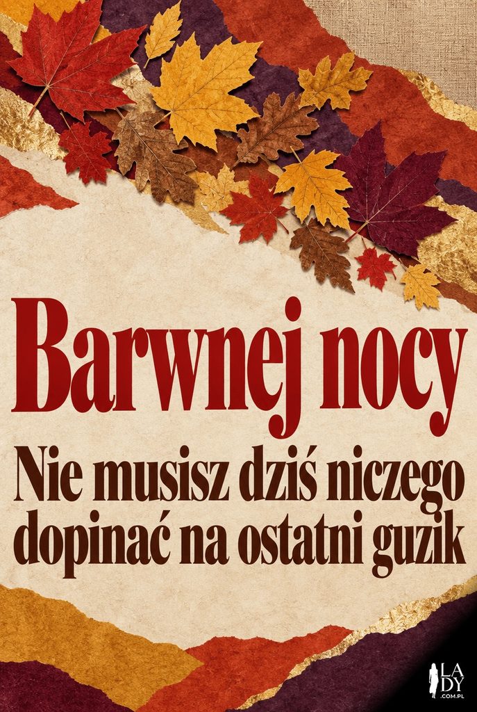 Kolażowa kartka z opadającymi liśćmi klonu i życzeniem lekkiej nocy