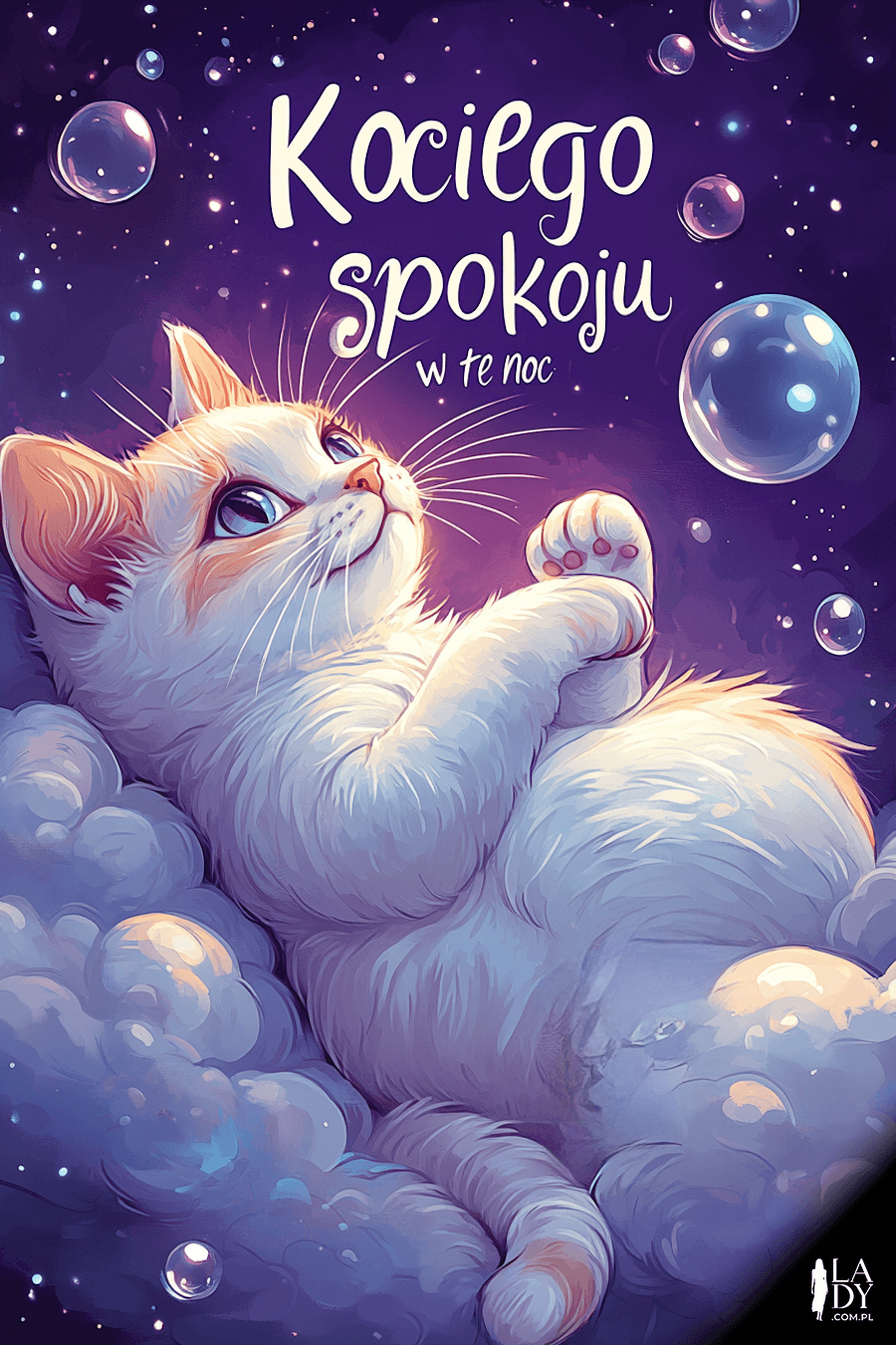 Fajna kartka na dobranoc kot bawiący się bąbelkami na chmurce z napisem: Kociego spokoju w te noc
