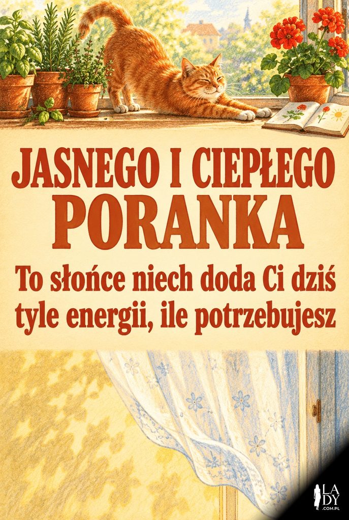Kot przeciągający się na słonecznym parapecie wśród roślin, z życzeniami „Jasnego i Ciepłego Poranka”.