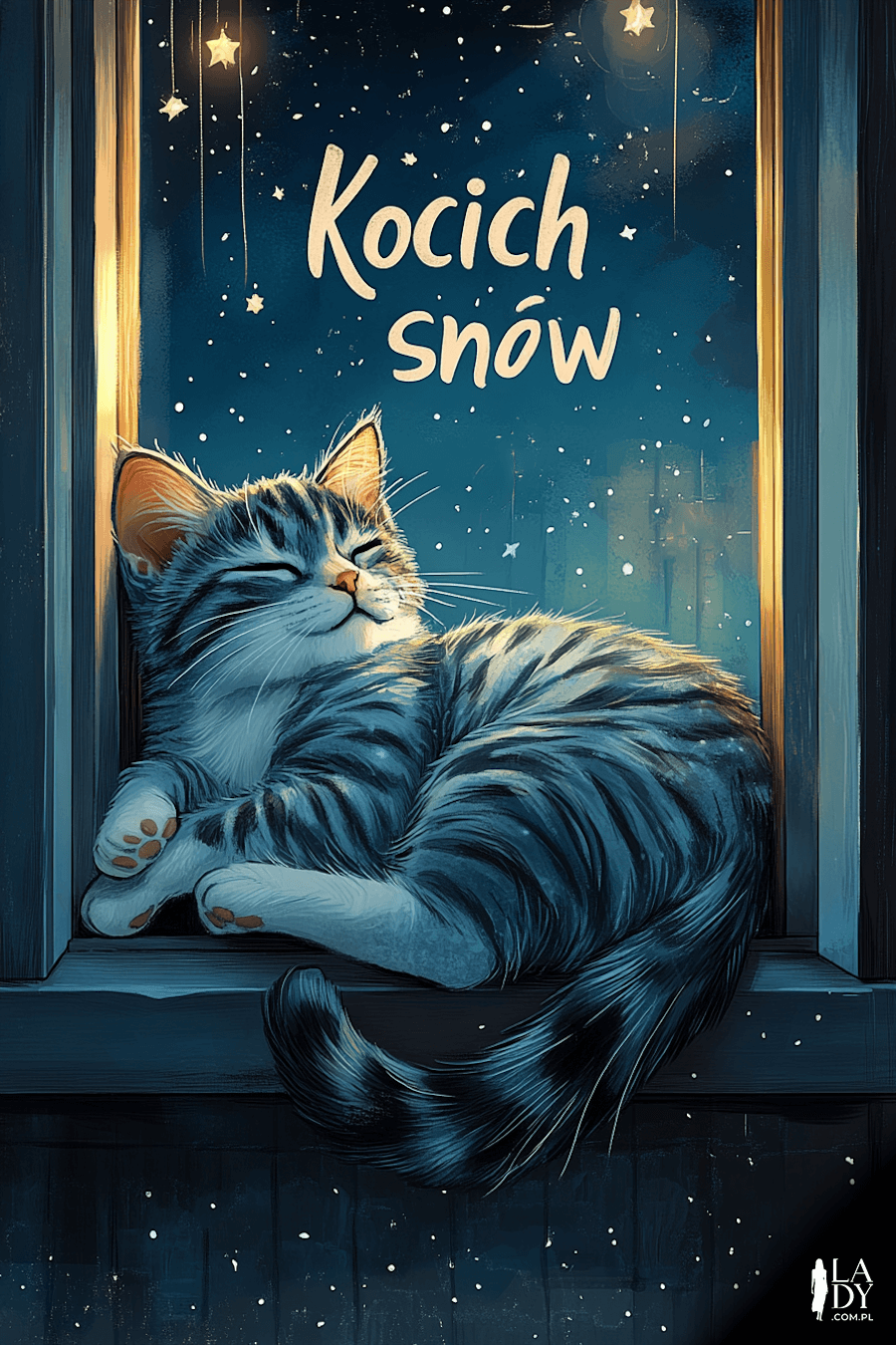 Kartka na dobranoc kot śpiący na parapecie okna z widocznym niebem pełnym gwiazd z napisem: Kocich snów