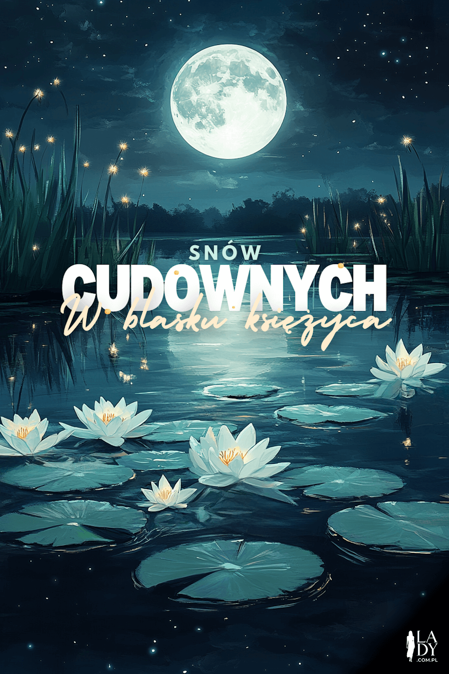 Kartka na dobranoc księżyc rozświetlający jezioro z napisem: Snów cudownych w blasku księżyca
