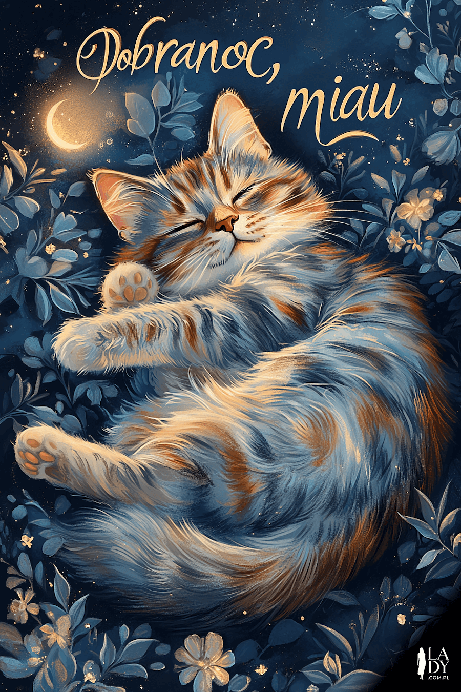 Kartka kot wtulony w kwiaty podczas snu z księżycem w oddali i z napisem: Dobranoc, miau