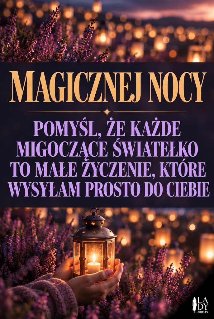 Kartka z lampionem w bokehowym wrzosowisku i dłuższym życzeniem magicznej nocy
