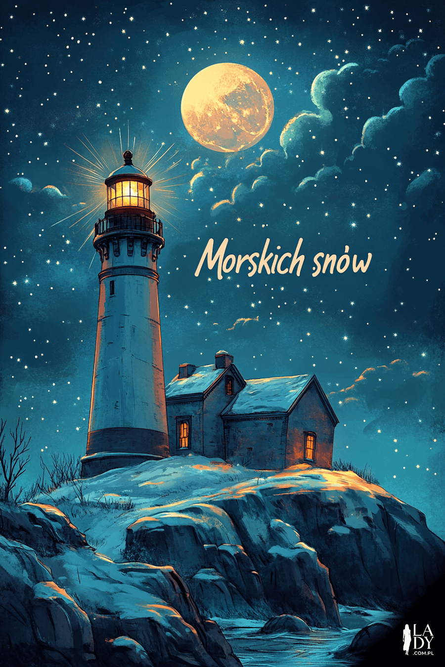 Kartka na dobranoc wielka latarnia na górskim wzgórzu z napisem: Morskich snów