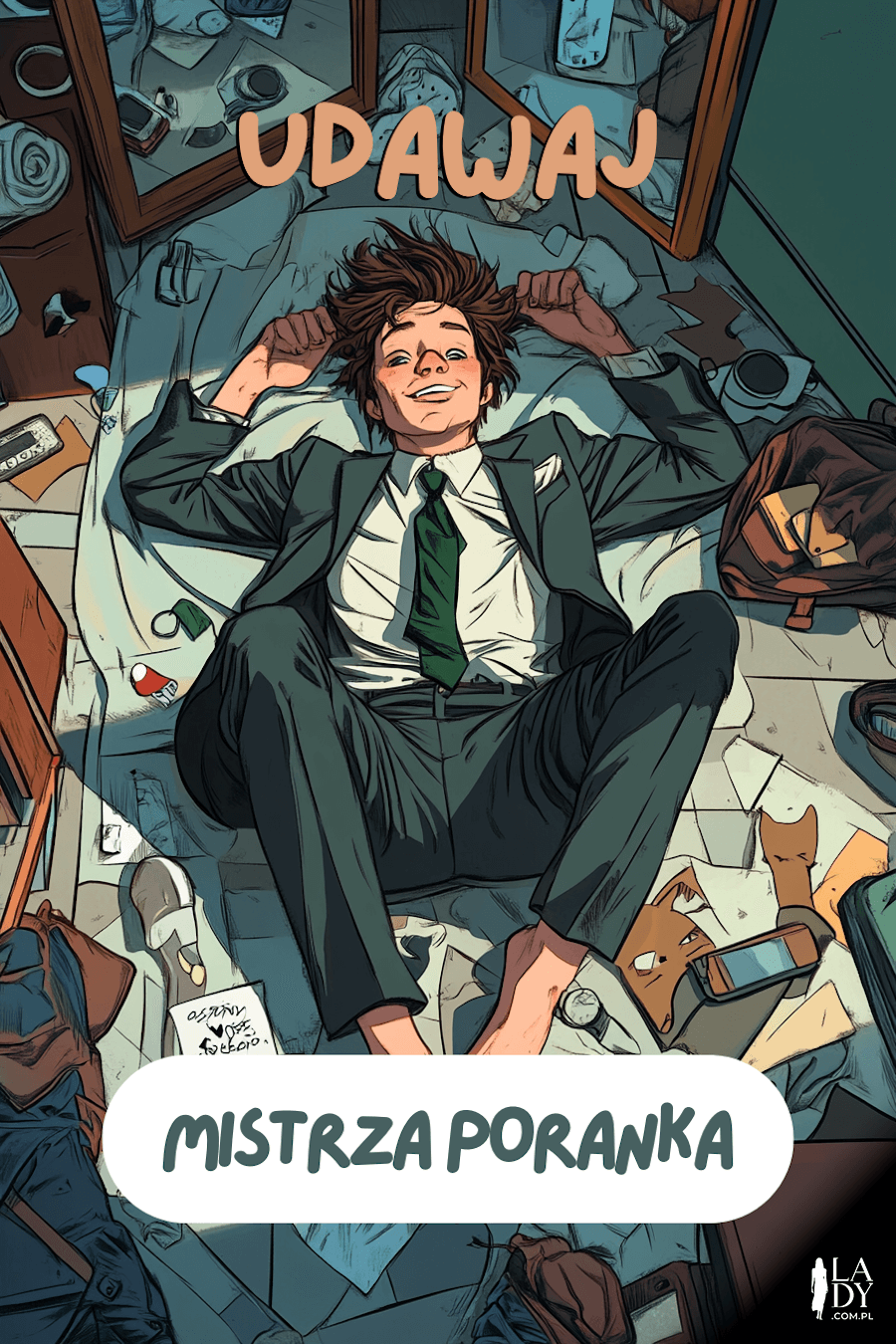 Kartka na dzień dobry leżący na podłodze facet w garniturze wśród bałaganu z napisami: Udawaj mistrza poranka