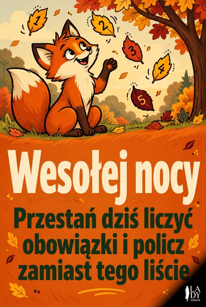 Kreskówkowa kartka z lisem liczącym liście i życzeniem wesołej nocy