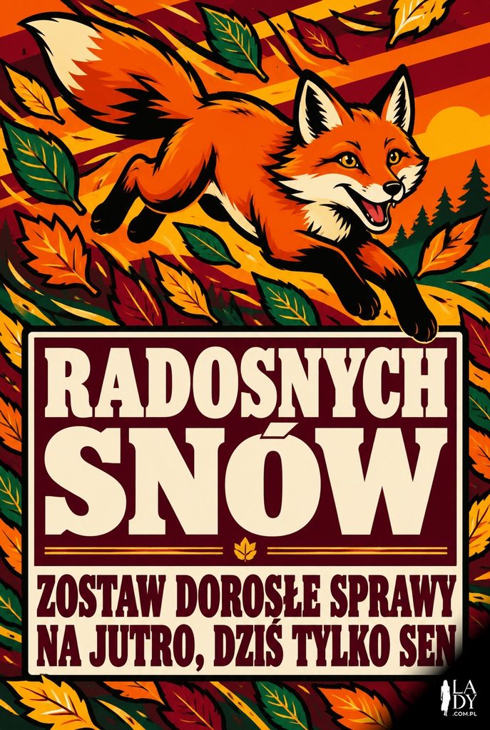Pop-artowa kartka ze skaczącym lisem wśród liści i życzeniem radosnych snów