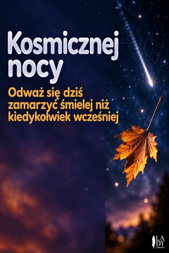 Makrokartka z liściem i spadającą gwiazdą, życzenie kosmicznej nocy