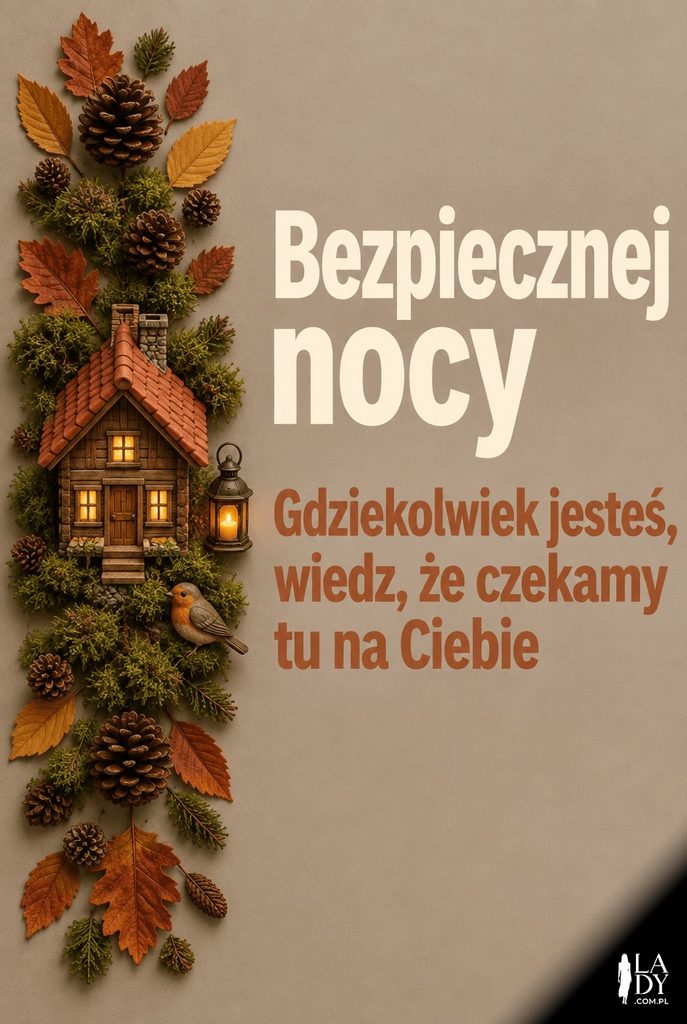 Kartka z miniaturową chatką widzianą z góry i życzeniem bezpiecznej nocy