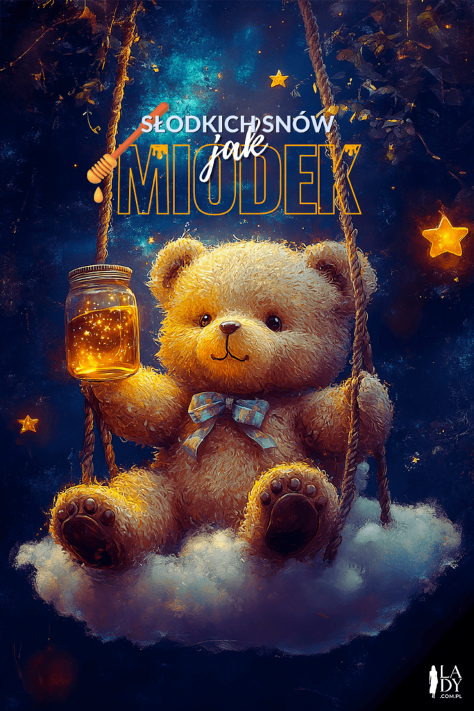 Kartka na dobranoc uśmiechnięty miś siedzący na różowej pościeli z napisem: Misiu, dobrej nocy