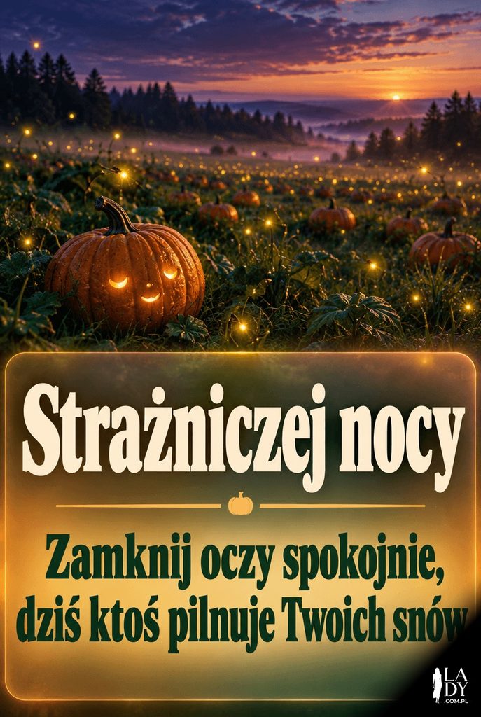 Fotograficzna kartka z polem dyń i świetlikami o zmierzchu, życzenie strażniczej nocy