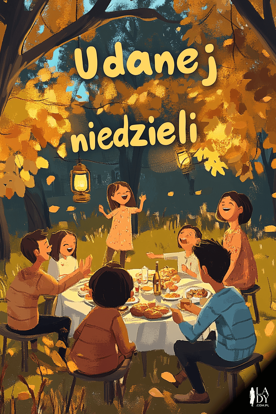 Rodzina w parku, napis: Udanej niedzieli