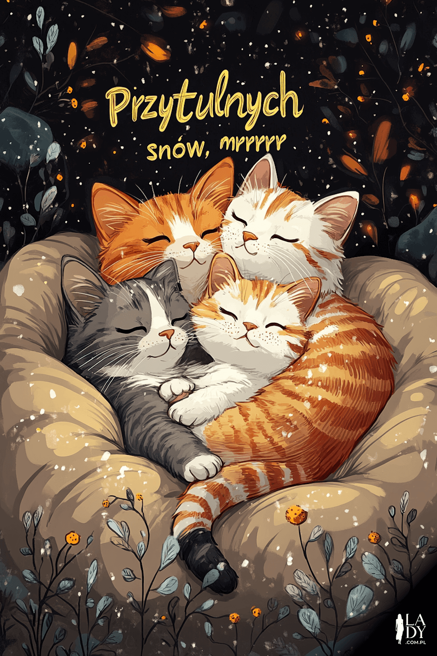 Darmowa kartka na dobranoc rodzinka śpiących kotów na poduszce z napisem: Przytulnych snów, mrrrrr