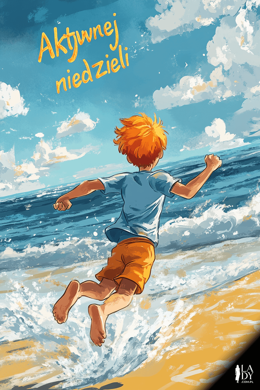 Skaczący chłopiec na plaży, napis: aktywnej niedzieli