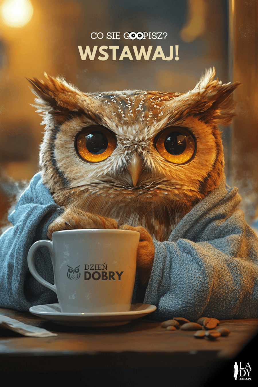 Śmieszna kartka z wizerunkiem sowy pijącej kawę o poranku z napisami: Co się gapisz? Wstawaj