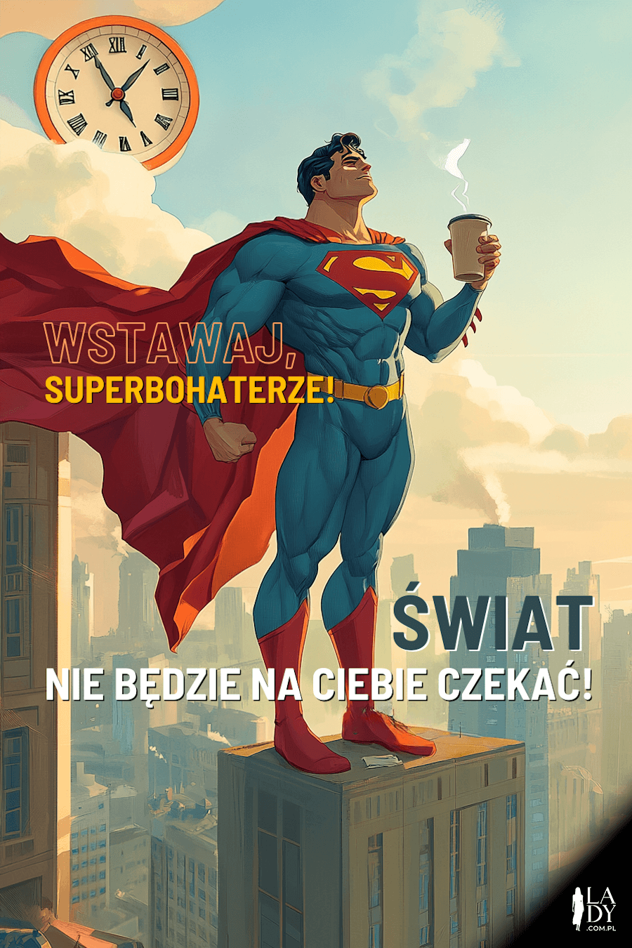 Zabawna kartka z superbohaterem pijącym kawę na szczycie wieżowca o poranku z napisami: Wstawaj, superbohaterze. Świat nie będzie na Ciebie czekać
