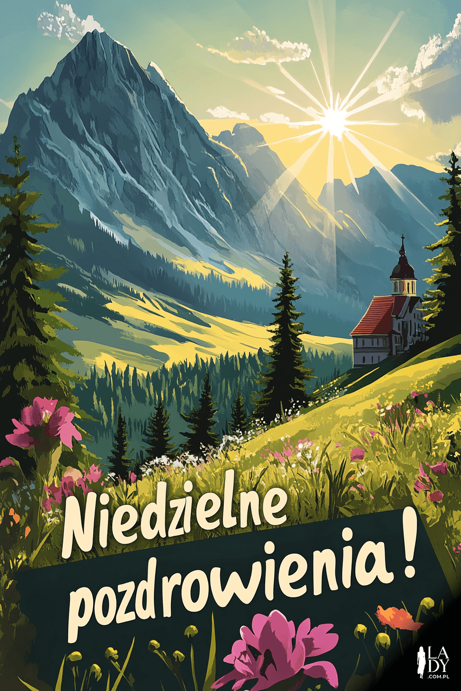 Widok łąki, gór i kapliczki z napisem: niedzielne pozdrowienia