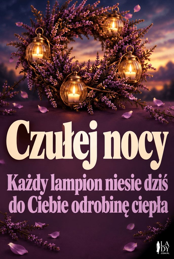 Kartka z wieńcem wrzosowym i lampionami oraz życzeniem czułej nocy