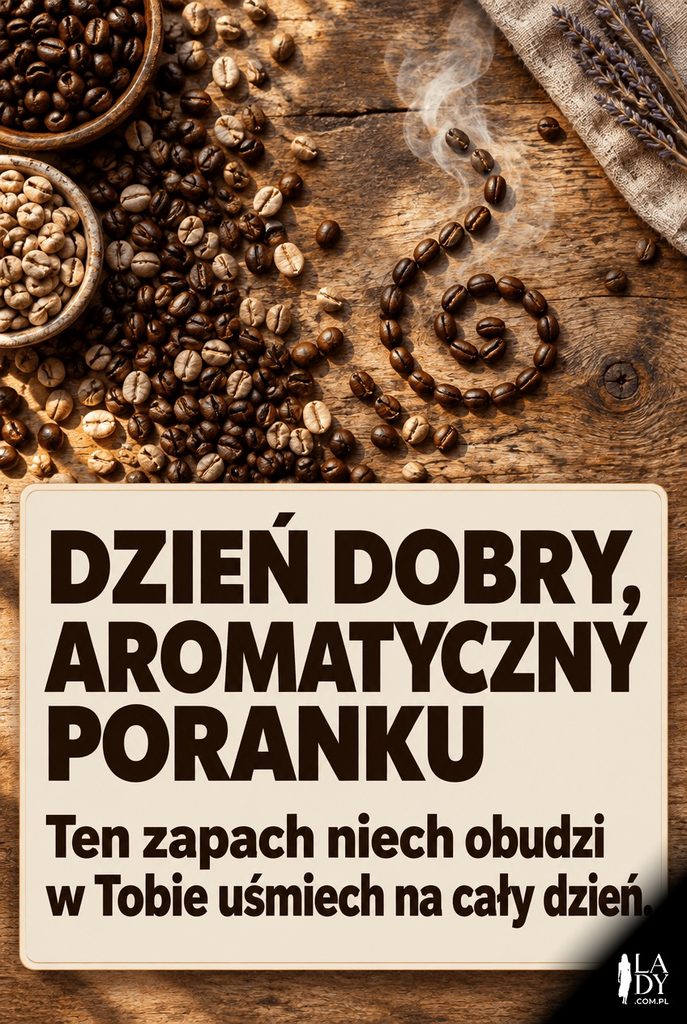 Ziarna kawy rozsypane na drewnianym blacie widziane z góry, z życzeniami „Dzień Dobry, Aromatyczny Poranku”.
