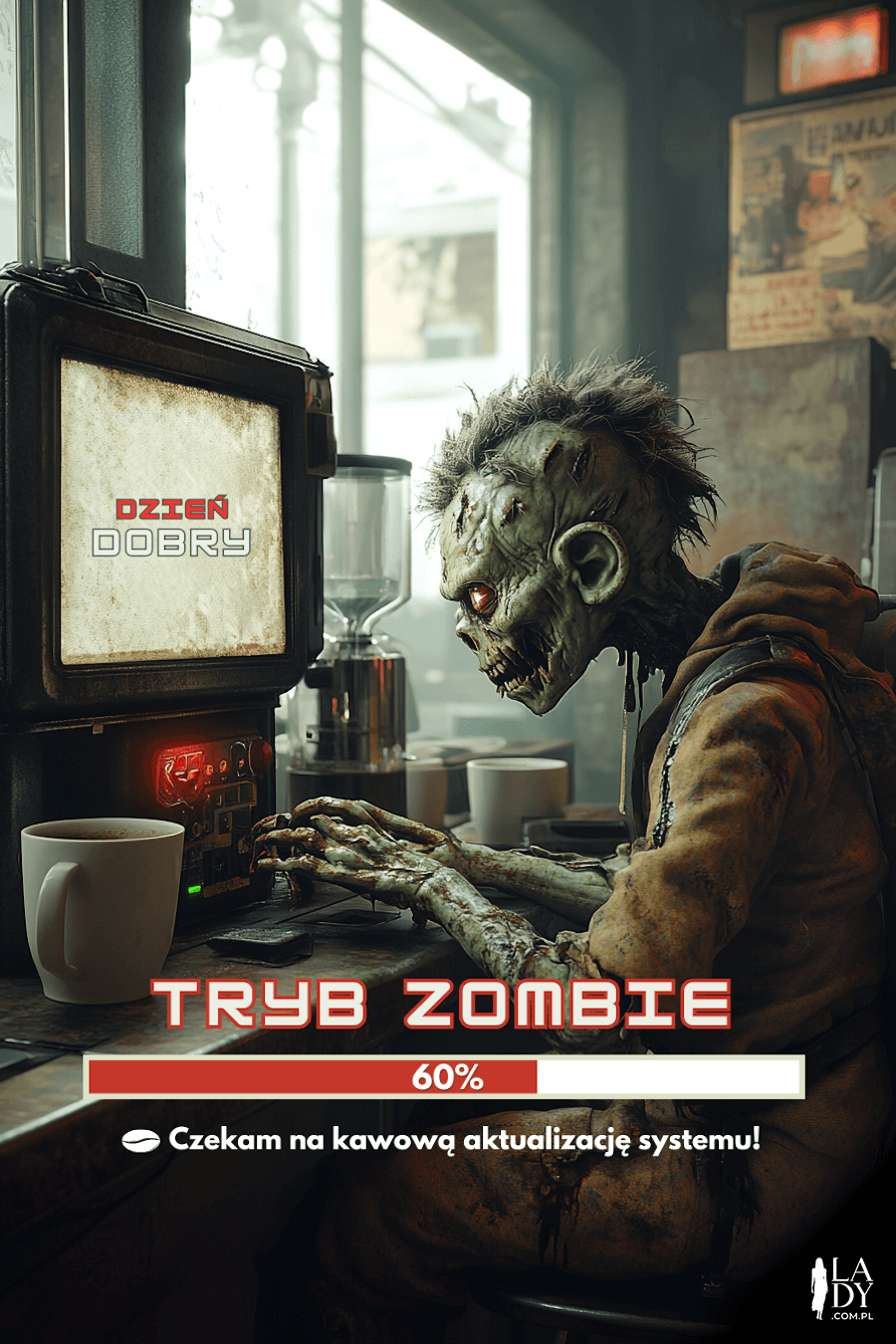 Zombie korzystające z komputera o poranku