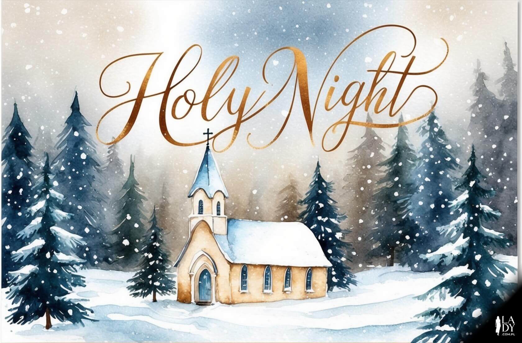 Akwarelowa kartka z ośnieżonym domkiem o zmierzchu