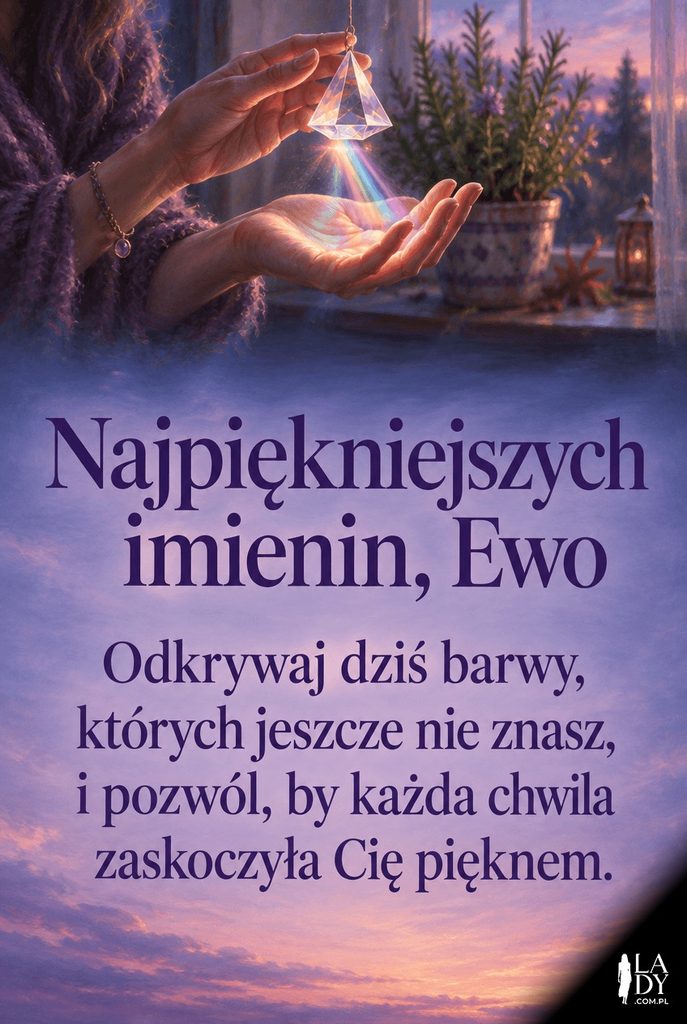 Nastrojowa, malarska kartka imieninowa dla Ewy z pryzmatem rozszczepiającym światło i dłuższymi życzeniami „Najpiękniejszych imienin, Ewo".