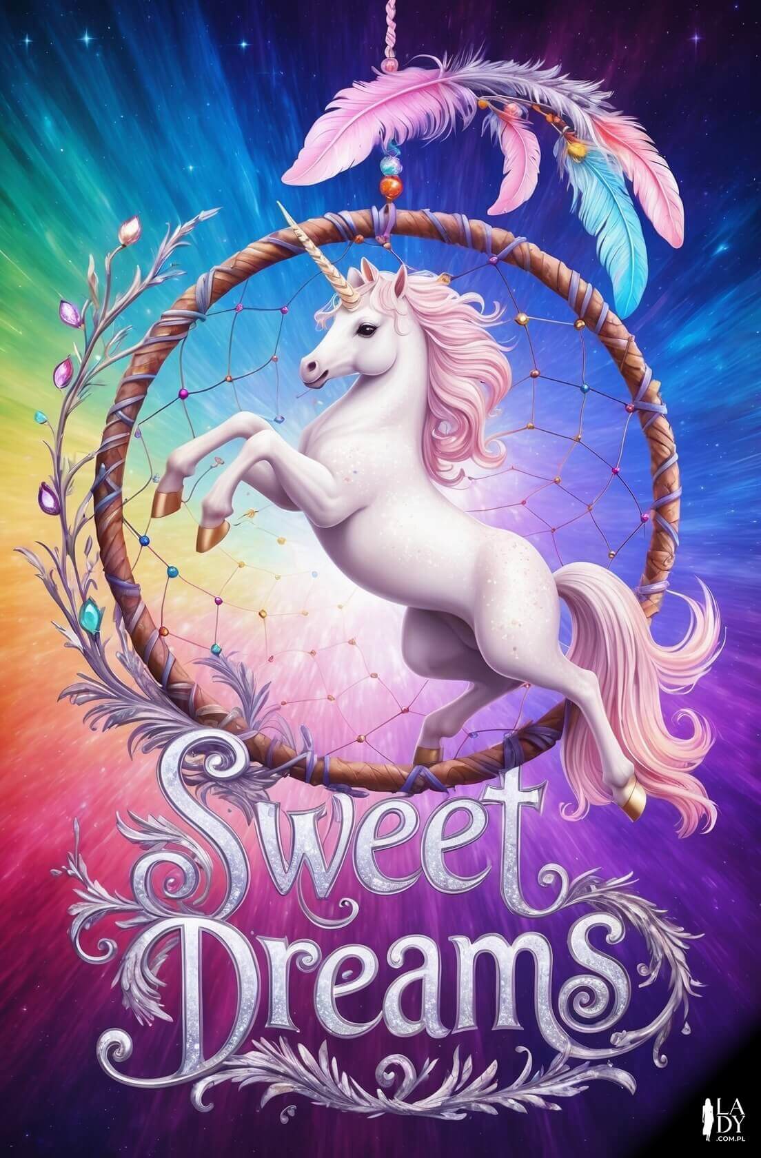 Bajeczna kartka na dobranoc z jednorożcem skaczącym przez łapacz snów