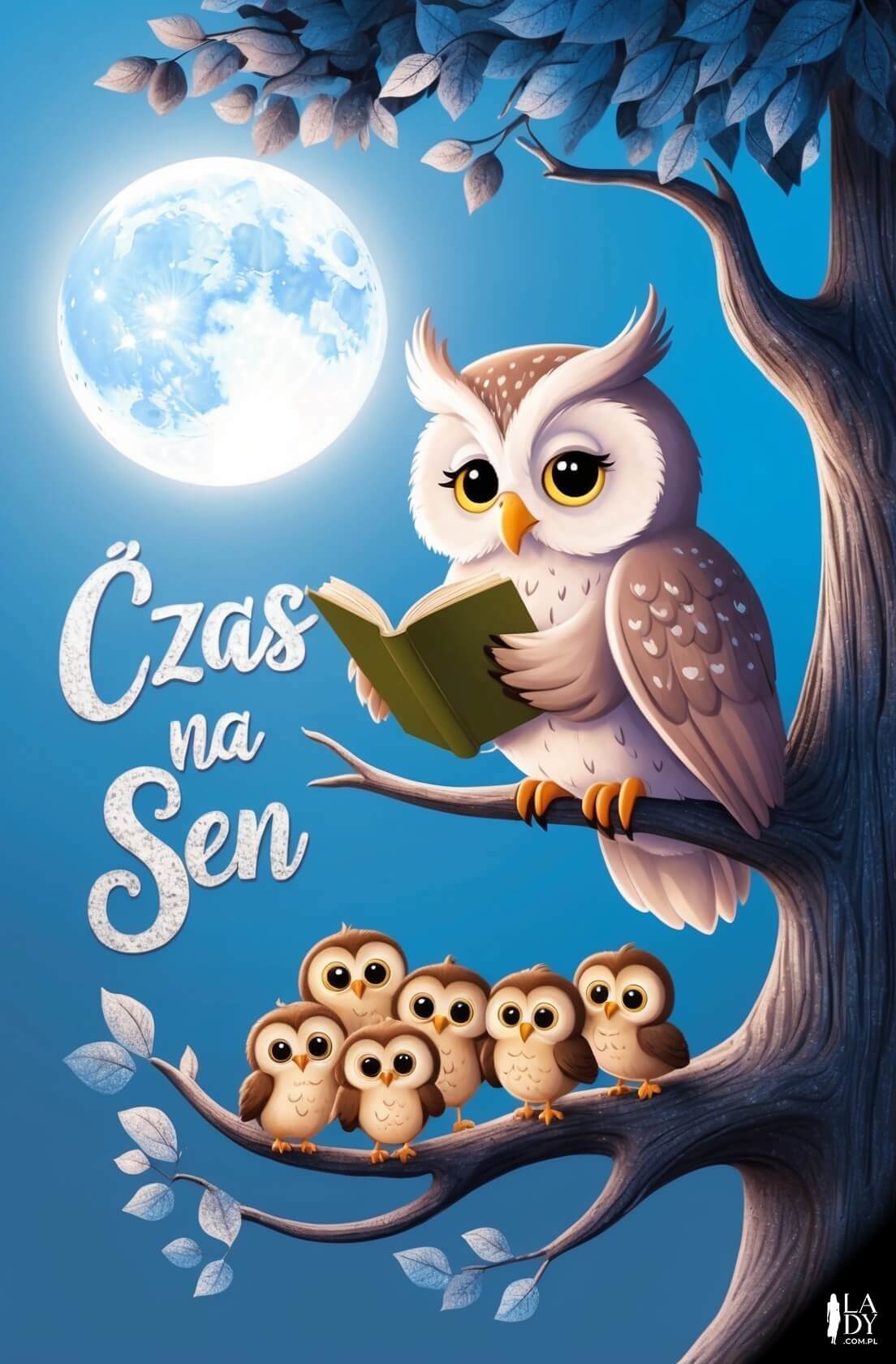 Bajkowa kartka na dobranoc z sową czytającą książkę sowięta