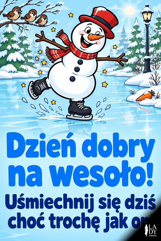 Wesoła kreskówkowa ilustracja bałwana jeżdżącego na łyżwach po zamarzniętym stawie, z żartobliwym życzeniem dobrego dnia.
