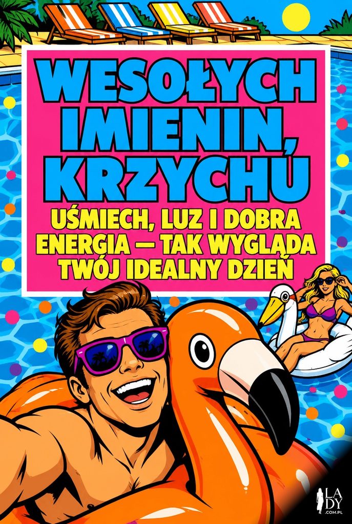 Pop-artowa scena z pływającym flamingiem na basenie, wesołe życzenia imieninowe dla Krzycha