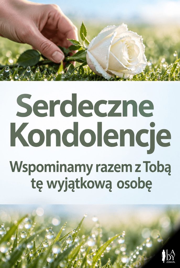 Kartka kondolencyjna z dłonią kładącą białą różę na porannej, rosistej trawie i napisem "Serdeczne Kondolencje"