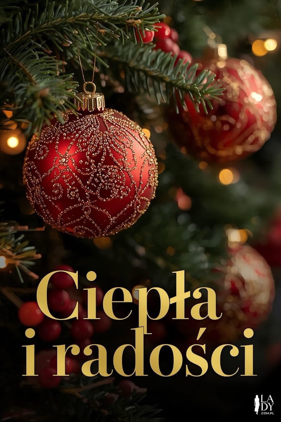 Eleganckie czerwone bombki na choince z lampkami w Wigilię, fotografia do wysłania bliskim, z życzeniami: Ciepła i radości