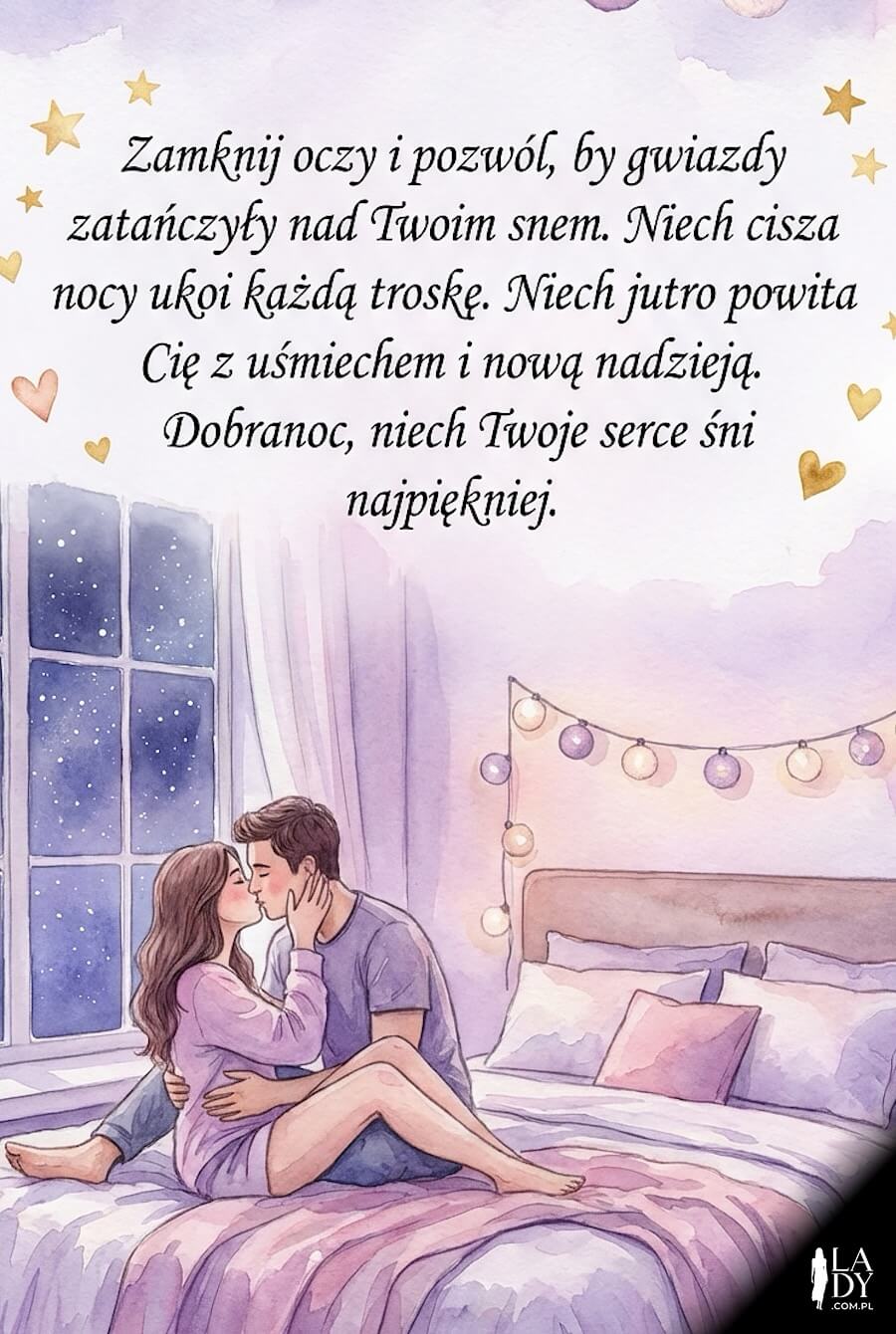 Kartka pełna serdeczności i troski do wysłania bliskiej osobie na dobranoc, całująca się para na łóżku przed snem