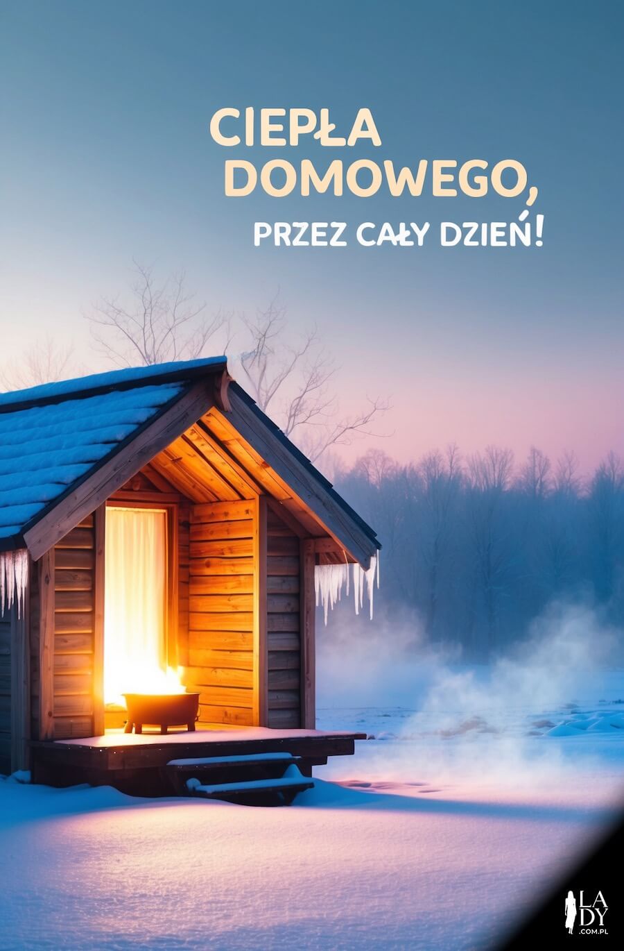 Kartka ciepła chatka w zimowej scenerii, z napisem: Ciepła domowego, przez cały dzień